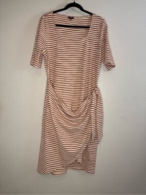 Express Striped Cream and Red Tie-Waist Midi Dress
